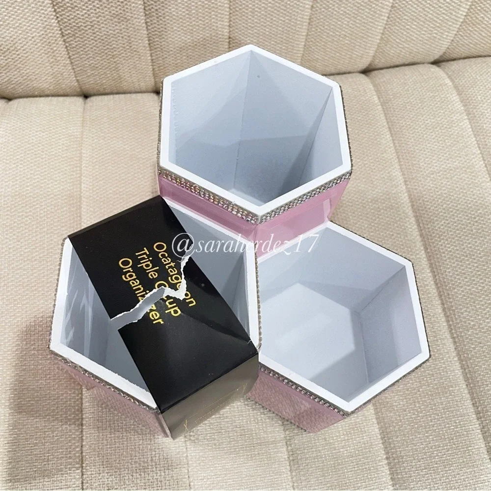 NEW Octagon Triple Cup Organizer Pink Rhinestone Makeup Brush Holder Vanity Desk